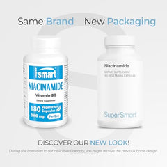 Supersmart Niacinamide capsules closeup shows 500 mg per capsule for easy dosing.
