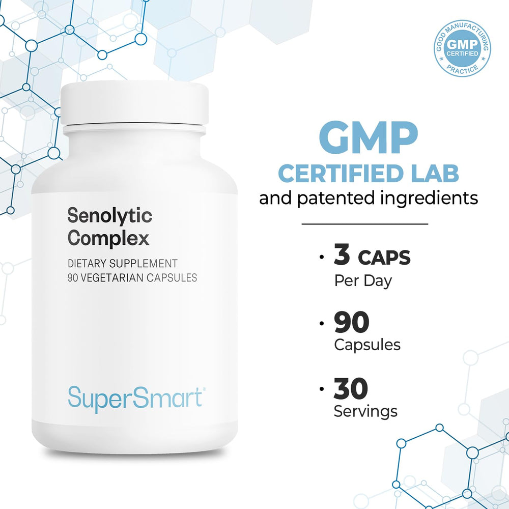 Non-GMO and gluten-free badge on Supersmart Senolytic Complex packaging.