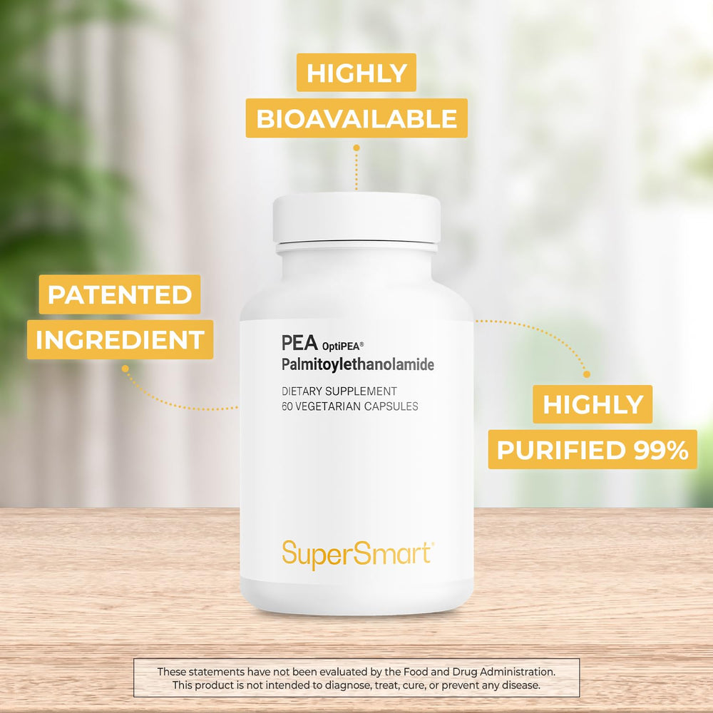 Supersmart Palmitoylethanolamide capsules close-up for potential nerve support.