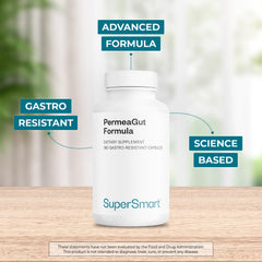 Supersmart PermeaGut bottle label details the six key gut nutrients