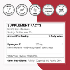 Label detail on Supersmart Pycnogenol packaging displaying non-GMO and gluten-free claims.