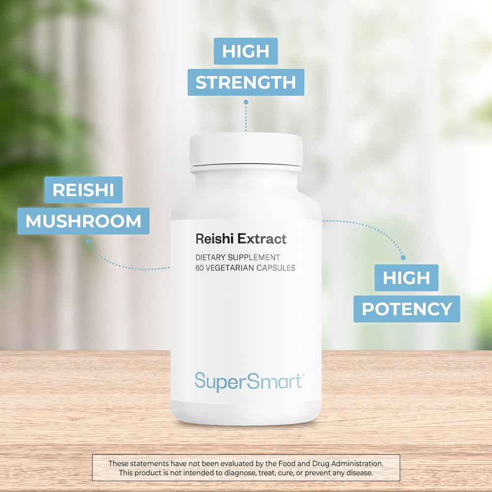 Close-up of Supersmart Reishi extract label with polysaccharides content.