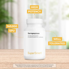 Supersmart Serrapeptase label view highlights vegan, gluten-free formula.