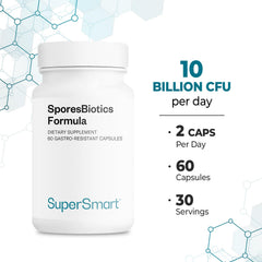 Box packaging shown with clear dosage and three Bacillus strains listed.