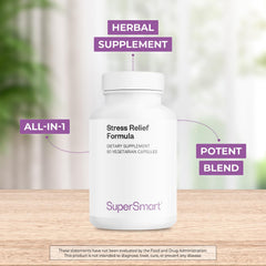 Supersmart Stress Relief Formula packaging highlights non-GMO and gluten-free claims.