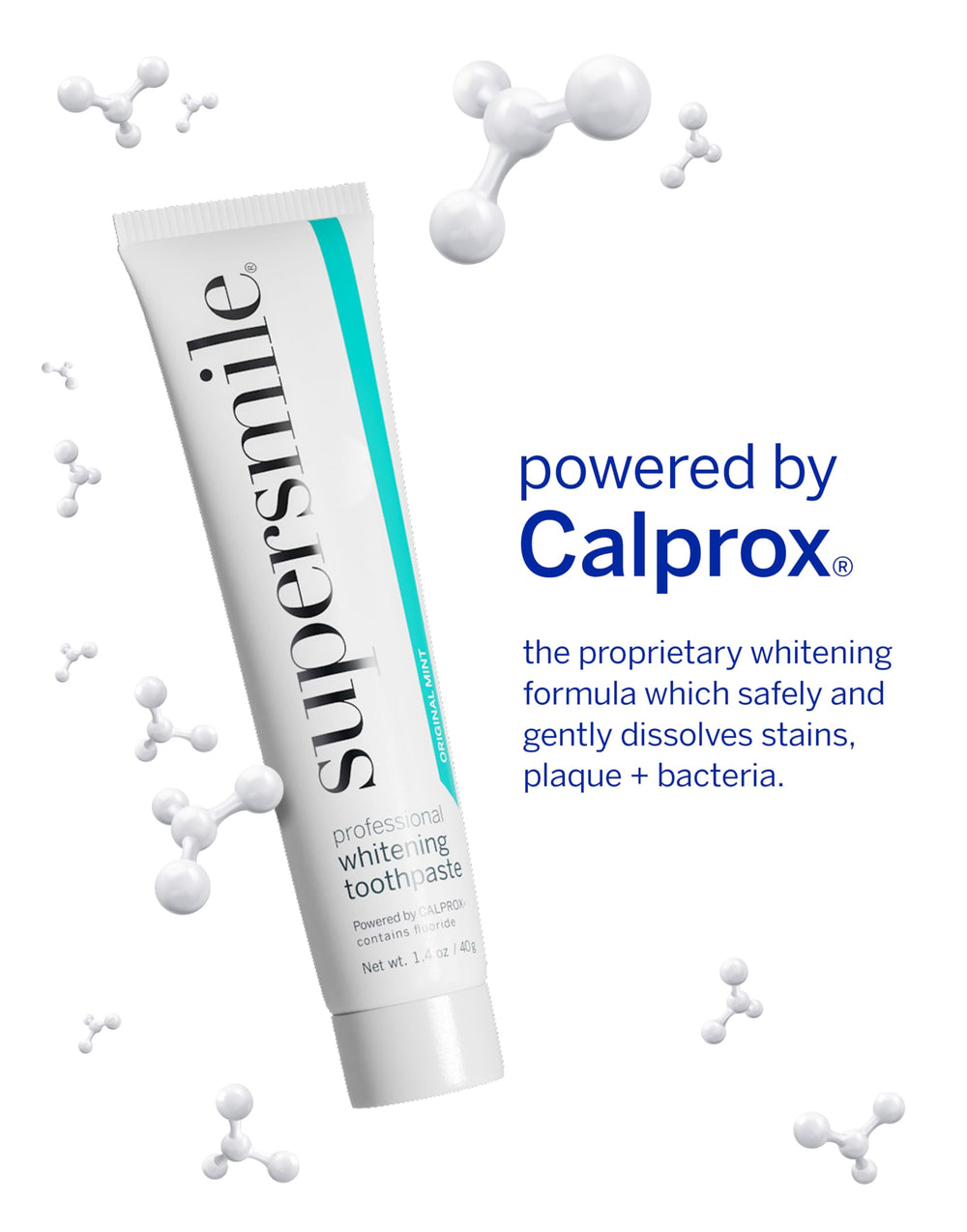 Supersmile Calprox detail on packaging highlights surface stain removal support.