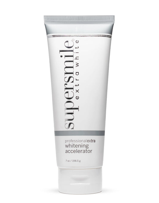 Supersmile Extra White bottle front highlights enamel-safe whitening formula for deep stains.