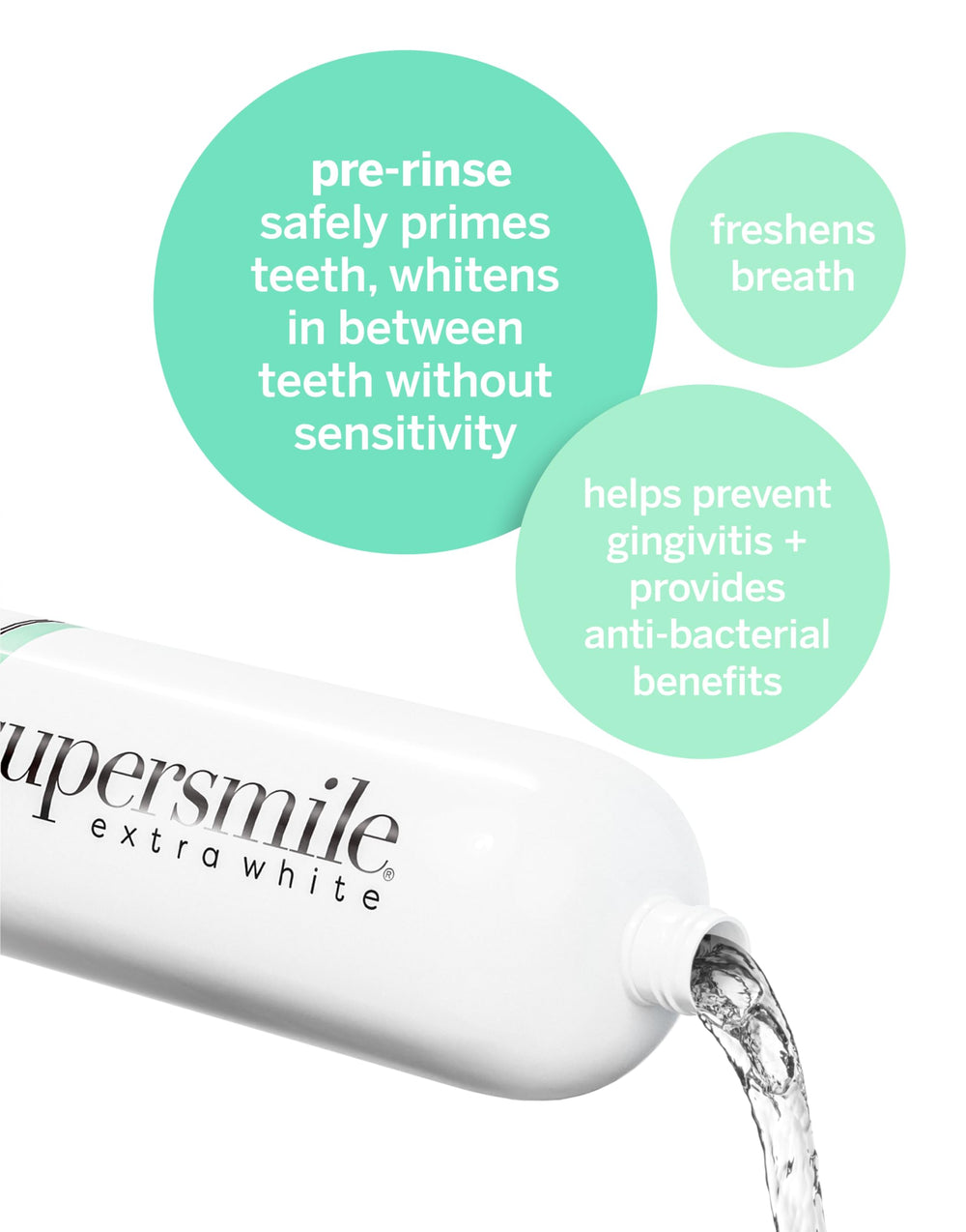Supersmile Extra Whitening Pre-Rinse pour shown for quick, even pre-brush prep