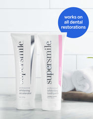 Supersmile Rosewater Mint whitening system toothbrush setup illustrates a cohesive routine.