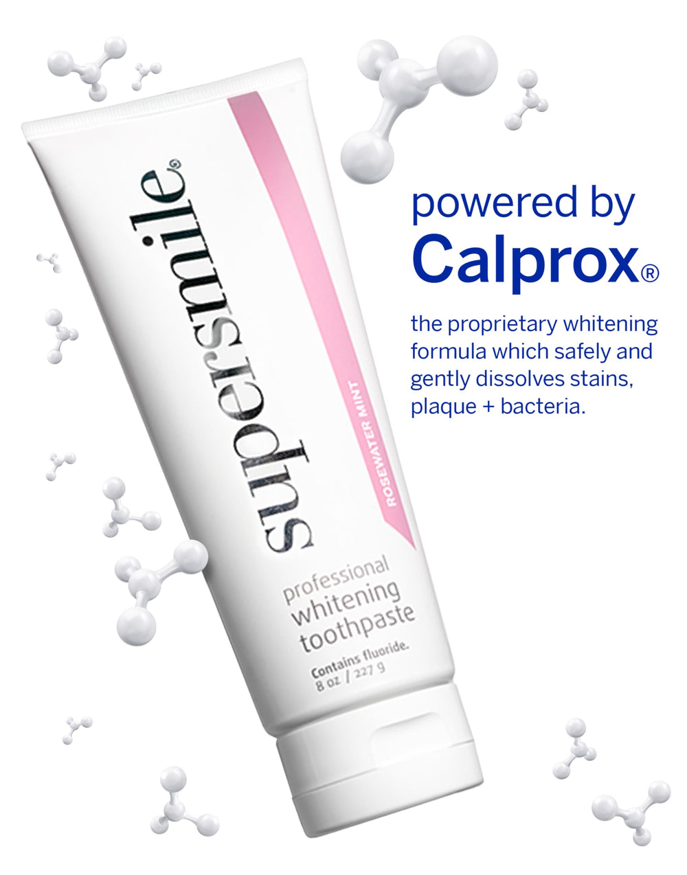 Supersmile Rosewater Mint whitening system tube shows the fluoride toothpaste in minty cream.