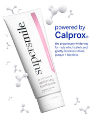 Supersmile Rosewater Mint whitening system tube shows the fluoride toothpaste in minty cream.