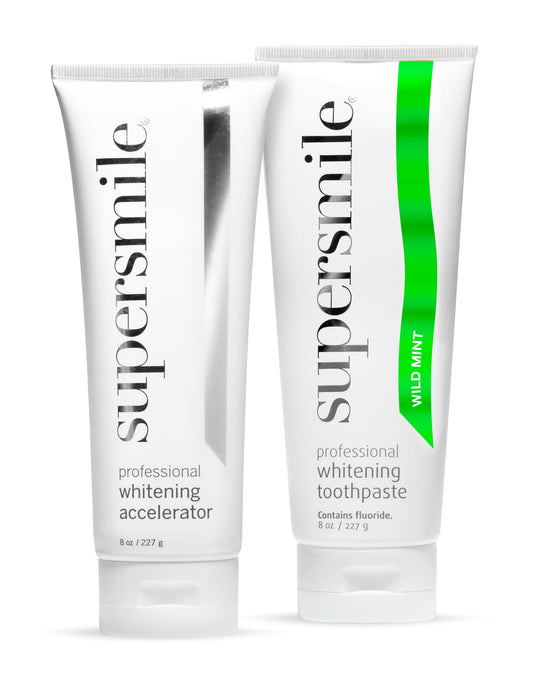 Supersmile Wild Mint whitening paste 8oz bottle for daily enamel brightening.