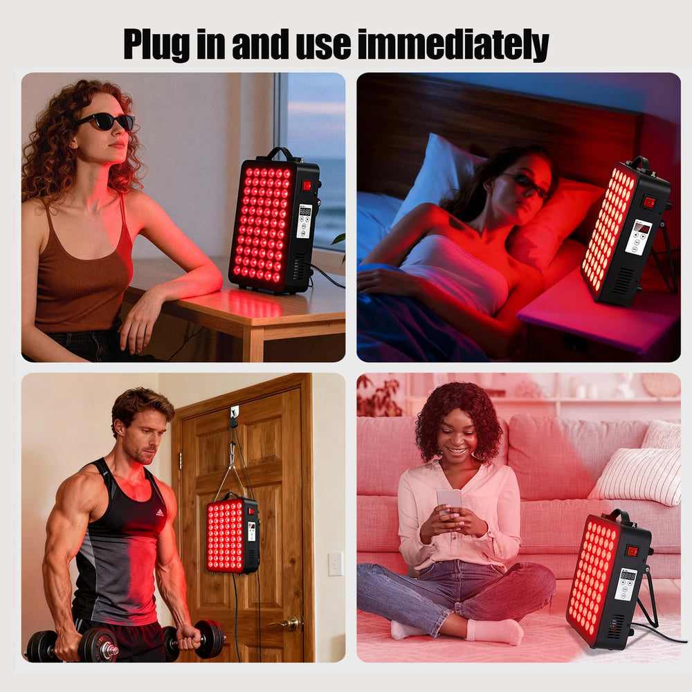 Supersred therapy panel side view on portable stand for easy setup at home.