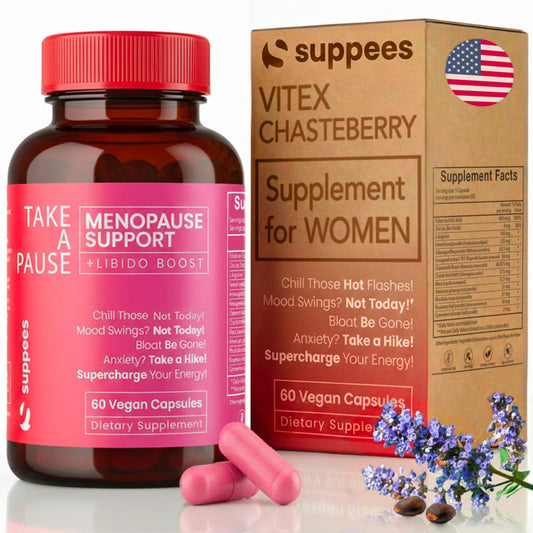 Suppees Vitex Chasteberry bottle front for convenient, non-hormonal menopause support.