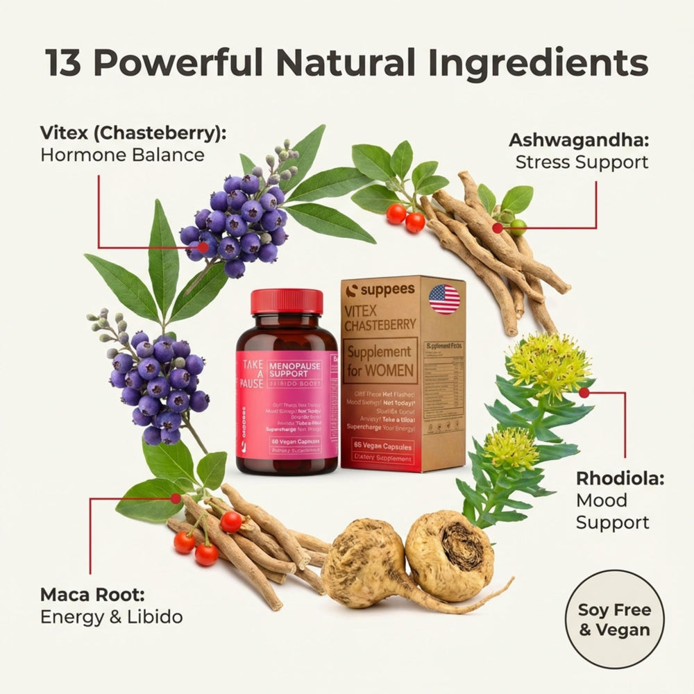 Packaging box for Suppees Vitex Chasteberry showing vegan and gluten-free formula.
