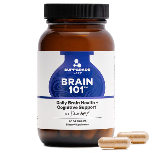 Suppgrade Labs Brain 101 capsules on table for daily cognitive support.