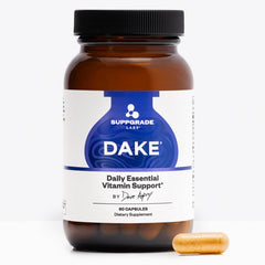 Suppgrade Labs DAKE bottle label showing the D-A-K-E blend for immune and bone support.