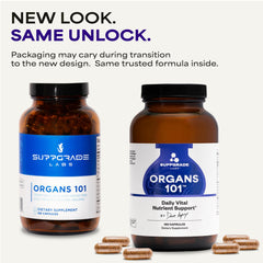 Suppgrade Labs Organs 101 capsules close-up highlighting protein-dense nutrition.