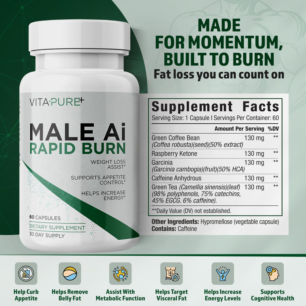 Male AI Rapid Burn capsules line-up highlighting energy support and thermogenic formula.