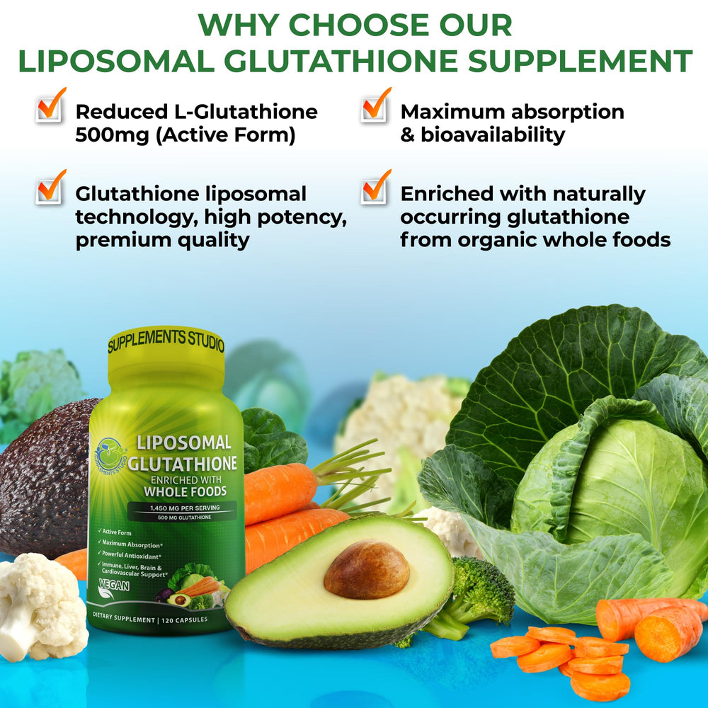 SUPPLEMENTS STUDIO Liposomal Glutathione 500mg label closeup showing organic blend