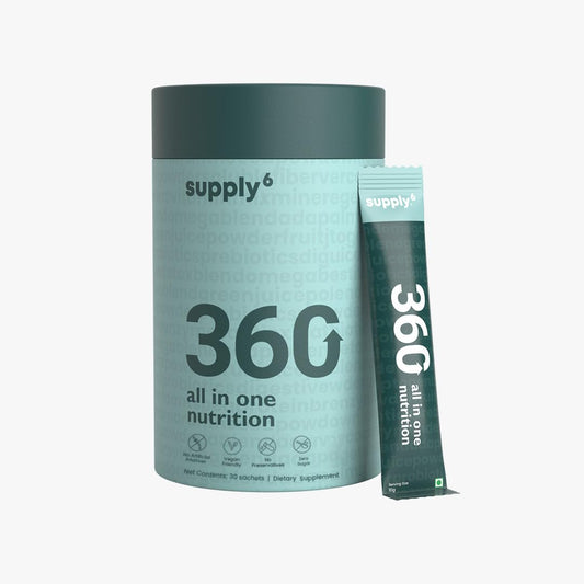 SUPPLY6 360 Greens packaging showing a clean vegan wellness blend.