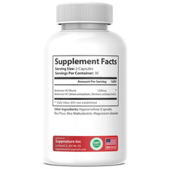 Close-up shows SuppNature Berberine Plus capsules and 5x absorption feature.