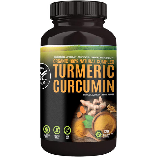Supreme Herbals turmeric curcumin bottle with 500mg capsules supporting daily wellness