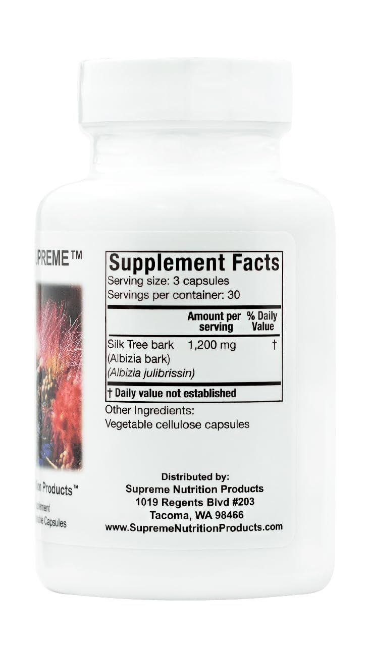Albizia Supreme bottle back showing supplement facts and vegetarian info