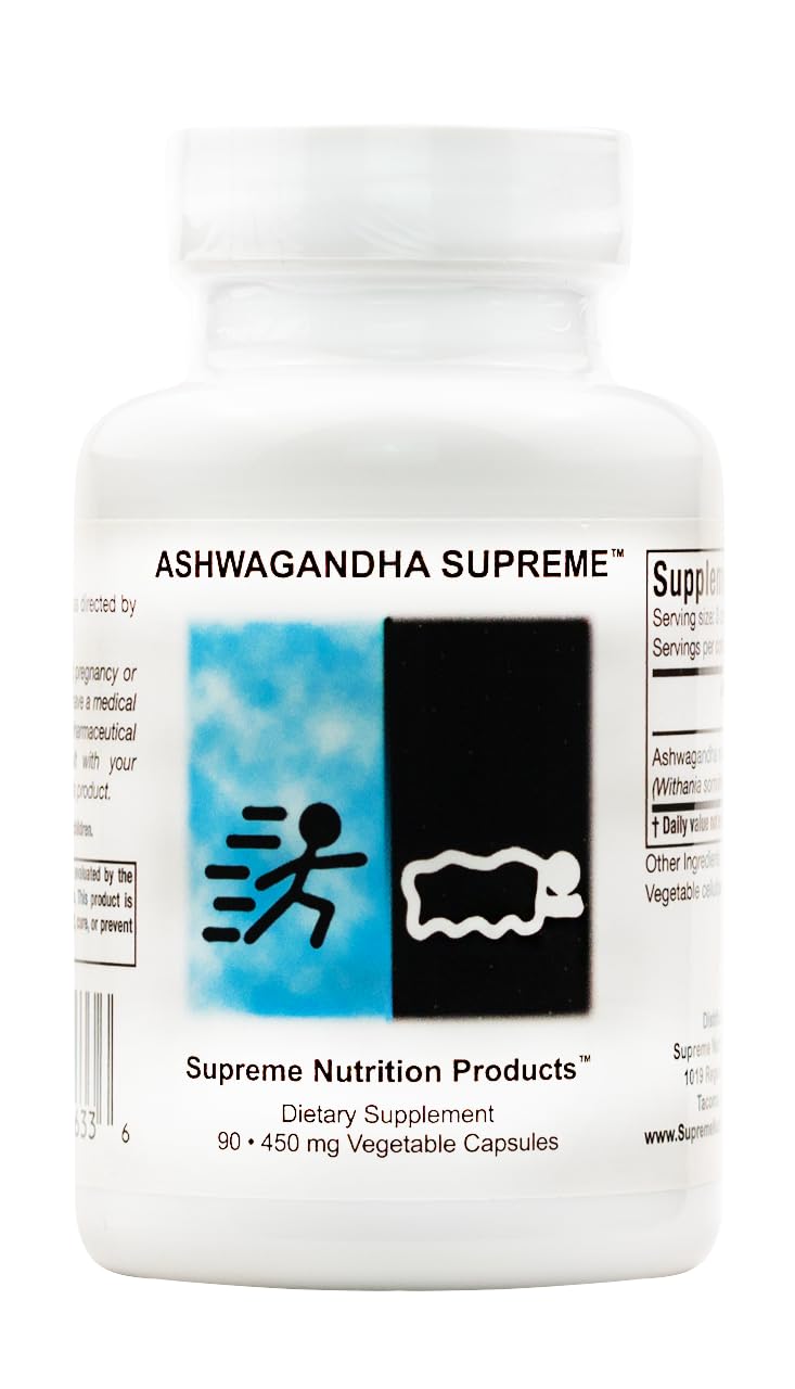 Supreme Nutrition Ashwagandha Supreme bottle, showcasing pure herbal supplement for daily balance.