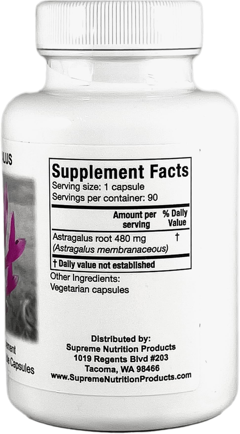 Supreme Nutrition Astragalus Supreme label close view indicating ingredients and purity quality