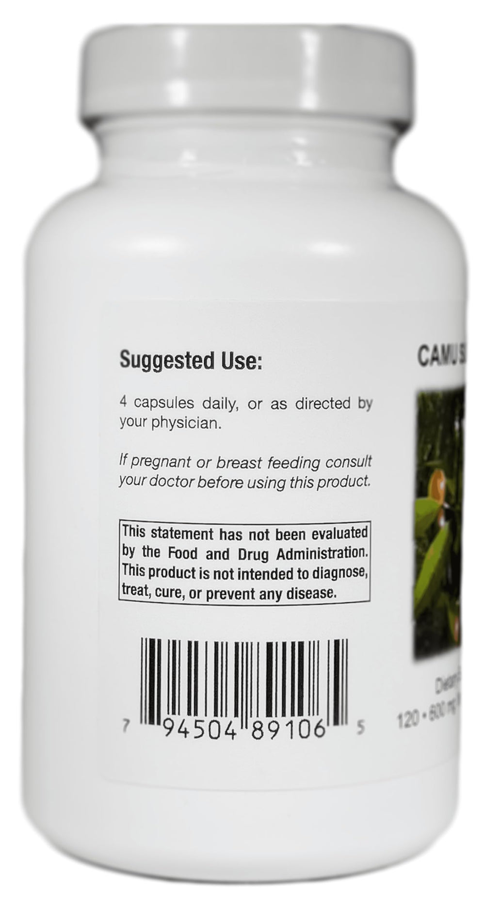 Closeup of Camu Supreme label highlighting pure ingredients.