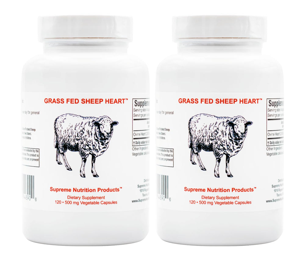 Supreme Nutrition grass-fed sheep heart bottle, natural nutrient source for daily use.
