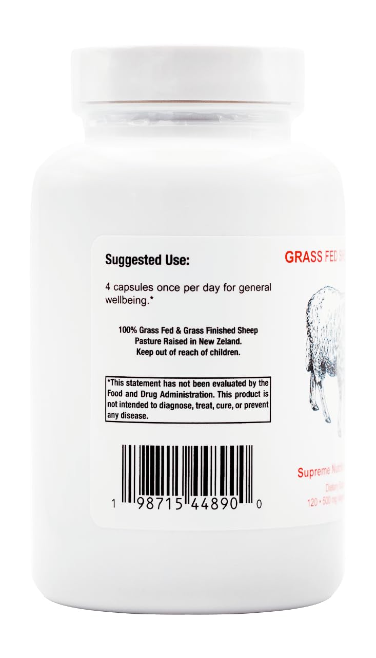 Supreme Nutrition Grass Fed Sheep Heart label highlights grass-fed, no fillers, and quality