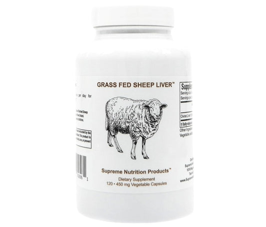 Supreme Nutrition Grass-Fed Sheep Liver capsules bottle for daily supplementation.