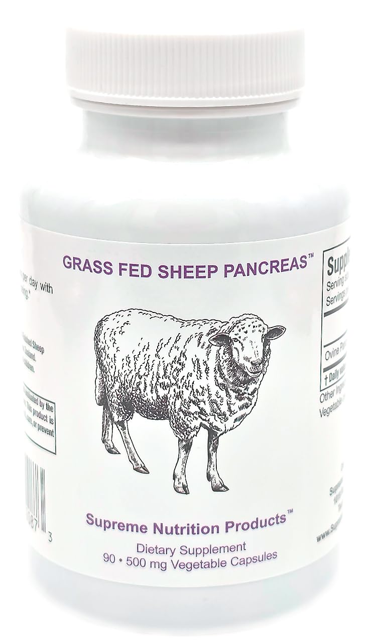 Supreme Nutrition Grass Fed Sheep Pancreas bottle shows pure glandular capsules for daily use.