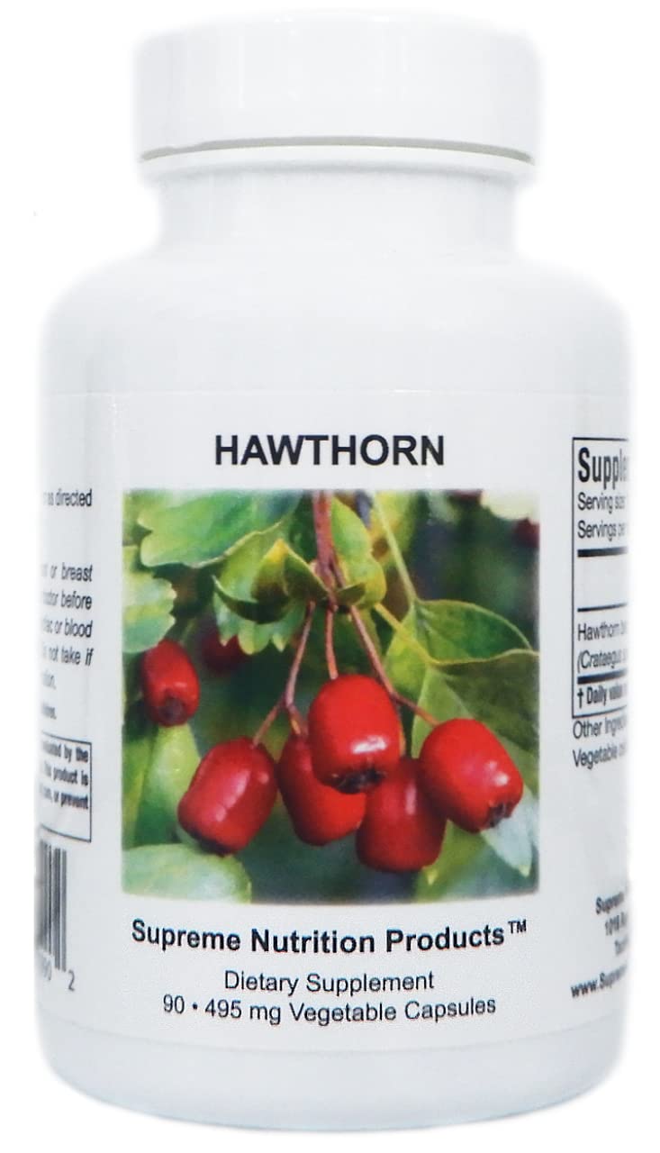 Supreme Nutrition Hawthorn bottle on shelf for daily wellness.