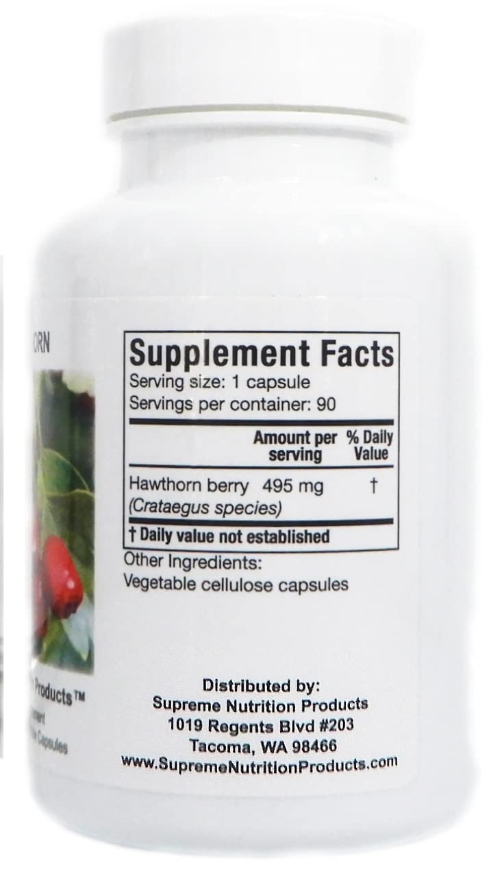 Supreme Nutrition Hawthorn label detail emphasizes purity and standards.