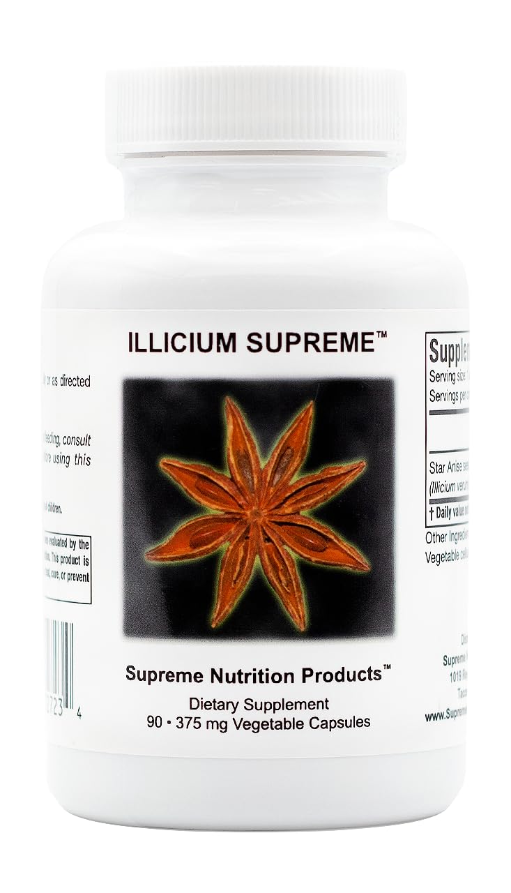 Supreme Nutrition Illicium capsules close-up showing pure star anise for convenient daily use.