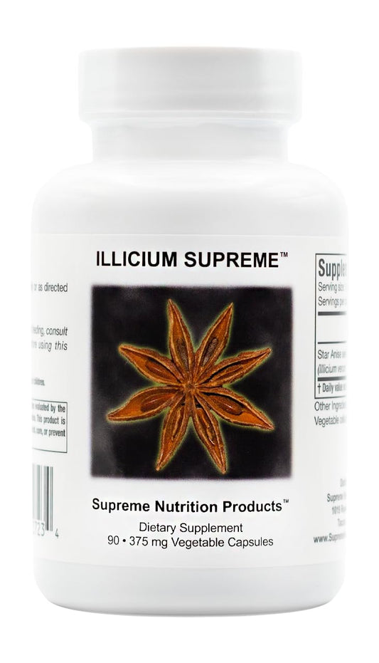 Supreme Nutrition Illicium capsules close-up showing pure star anise for convenient daily use.