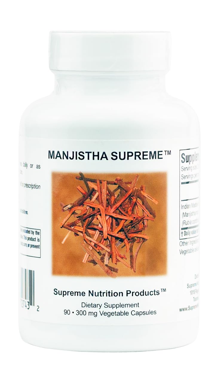 Supreme Nutrition Manjistha Supreme bottle front with 100% pure Indian Madder root capsules for daily wellness