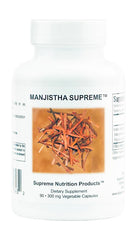 Supreme Nutrition Manjistha Supreme bottle front with 100% pure Indian Madder root capsules for daily wellness