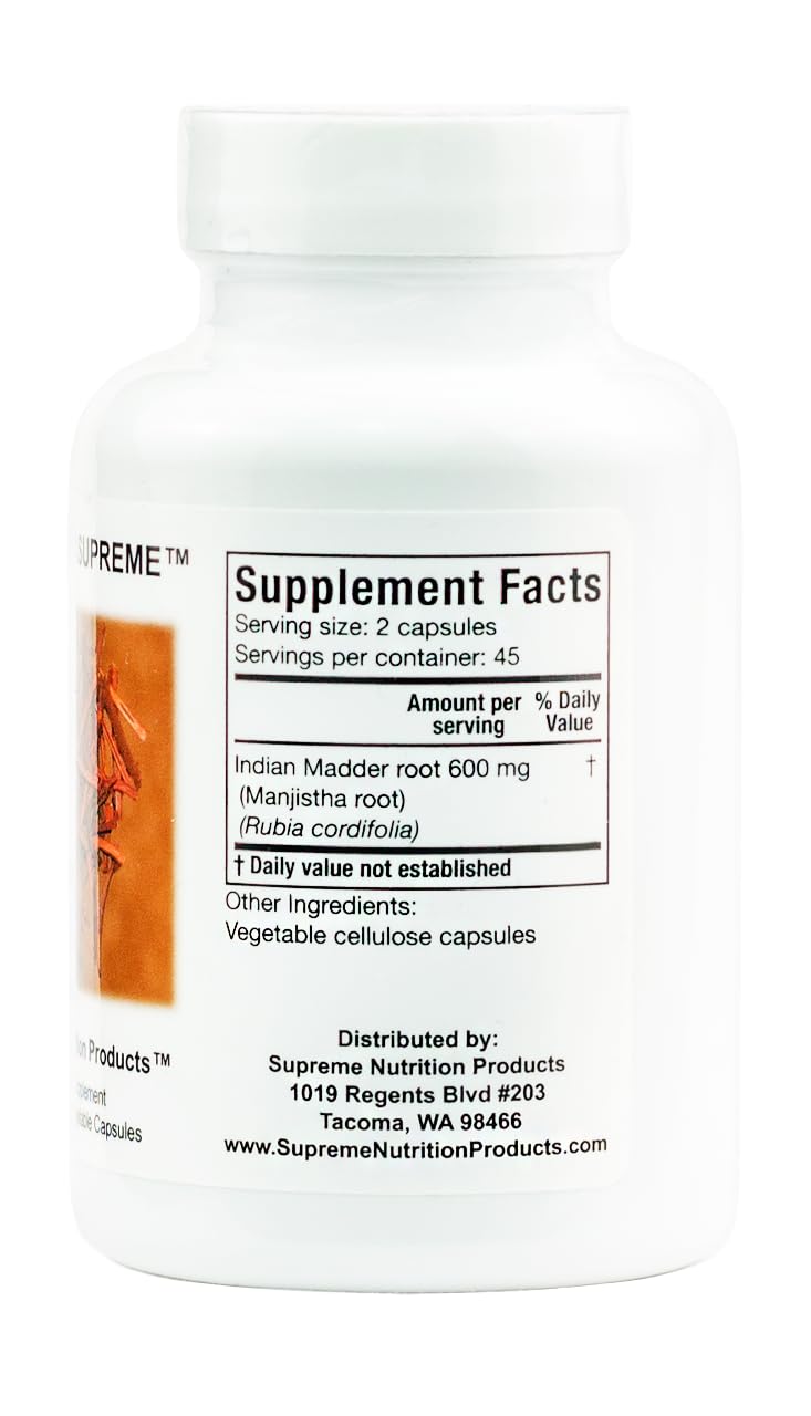 Manjistha Supreme capsules close-up showing clean ingredients and no fillers