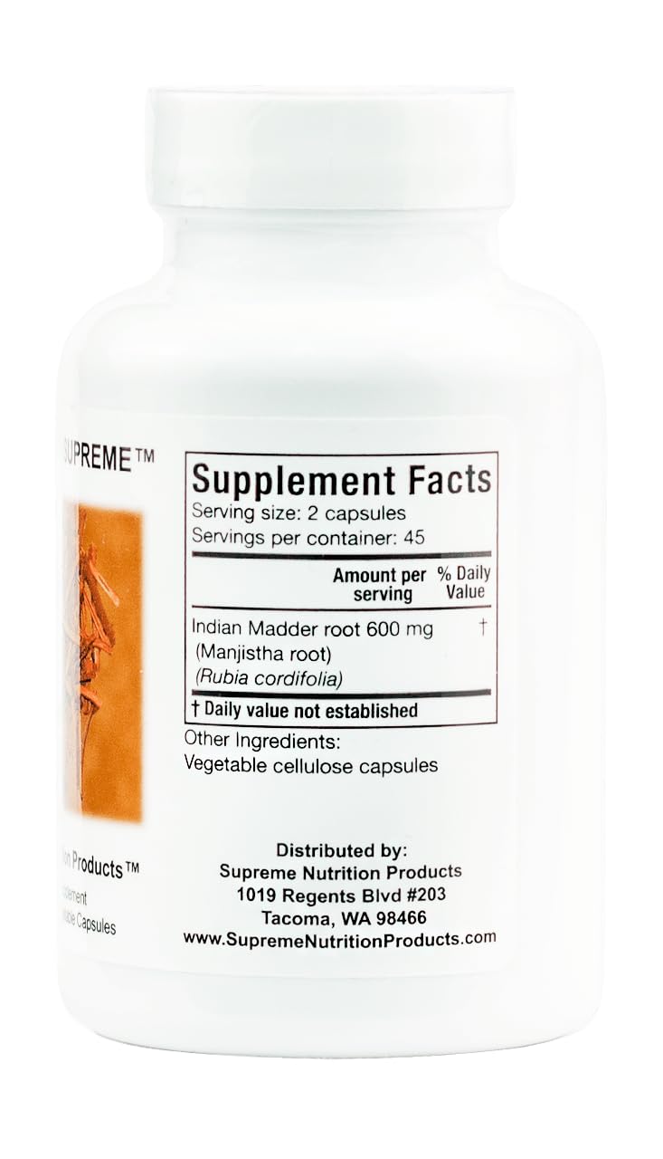 Supreme Nutrition Manjistha Supreme capsules displayed for convenient daily use.