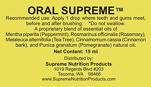 Close-up pour of Supreme Nutrition Oral Supreme essential oil blend for daily use.