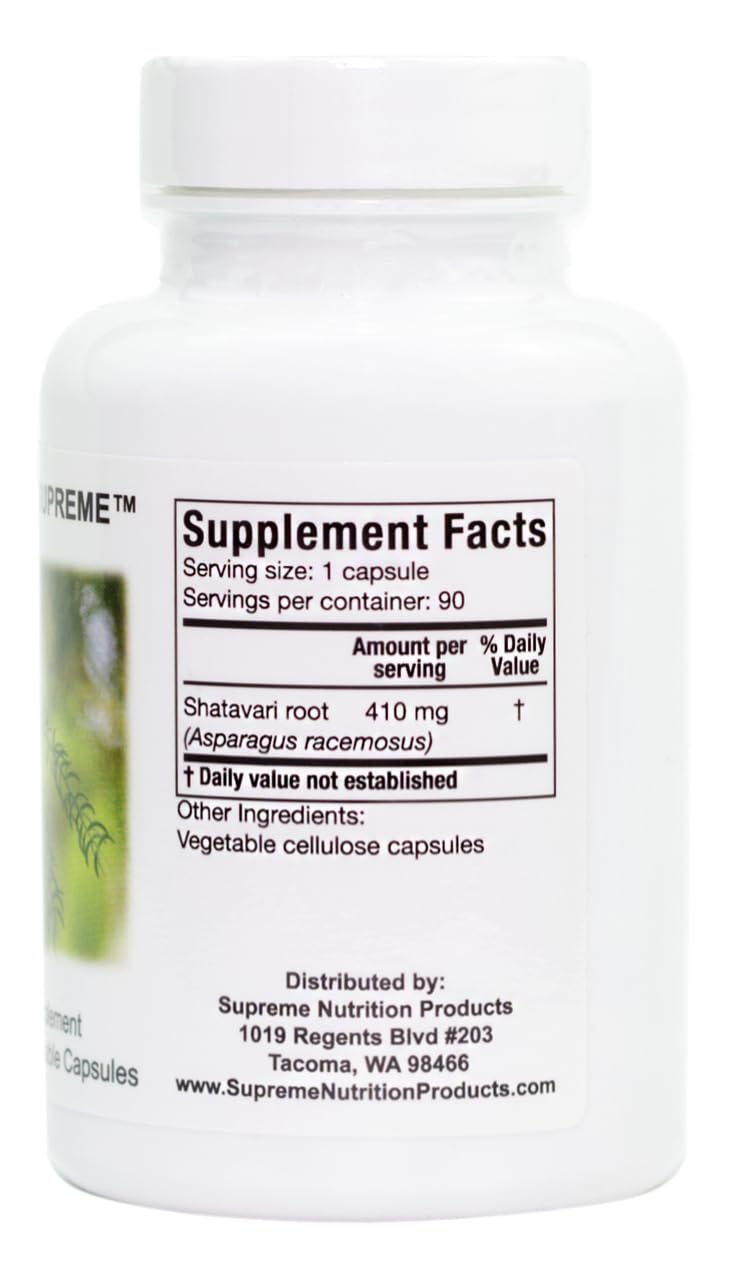 Supreme Nutrition Shatavari Supreme label on packaging confirms purity.