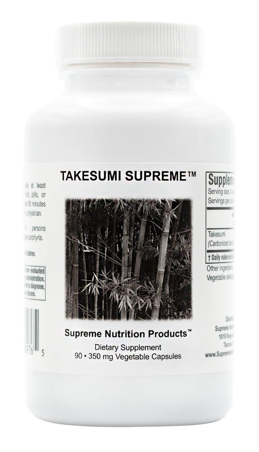 Supreme Nutrition Takesumi Supreme bamboo charcoal capsules in bottle, emphasizing purity and quality.
