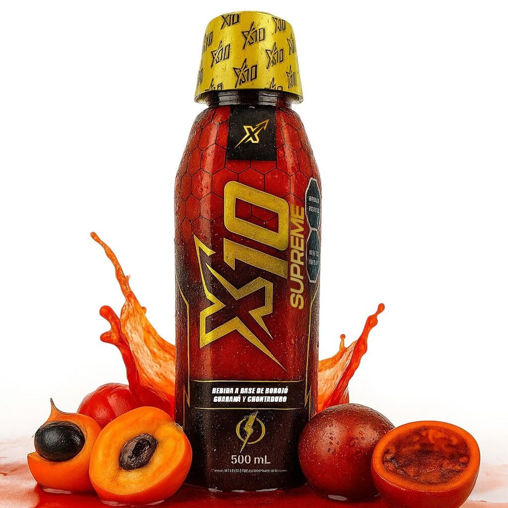 Supreme X10 bottle 500ml front shows tropical energy formula for active days.