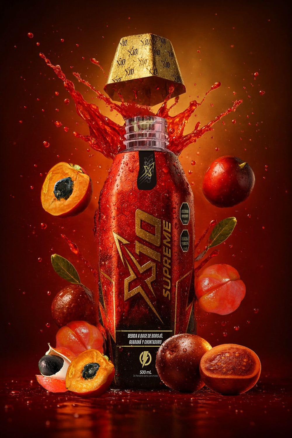 Supreme X10 label closeup emphasizes guarana and borojó ingredients.