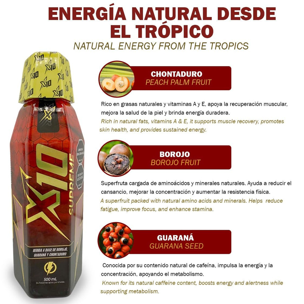 Supreme X10 sachet opened showing 15 ml serving for pre-workout use.