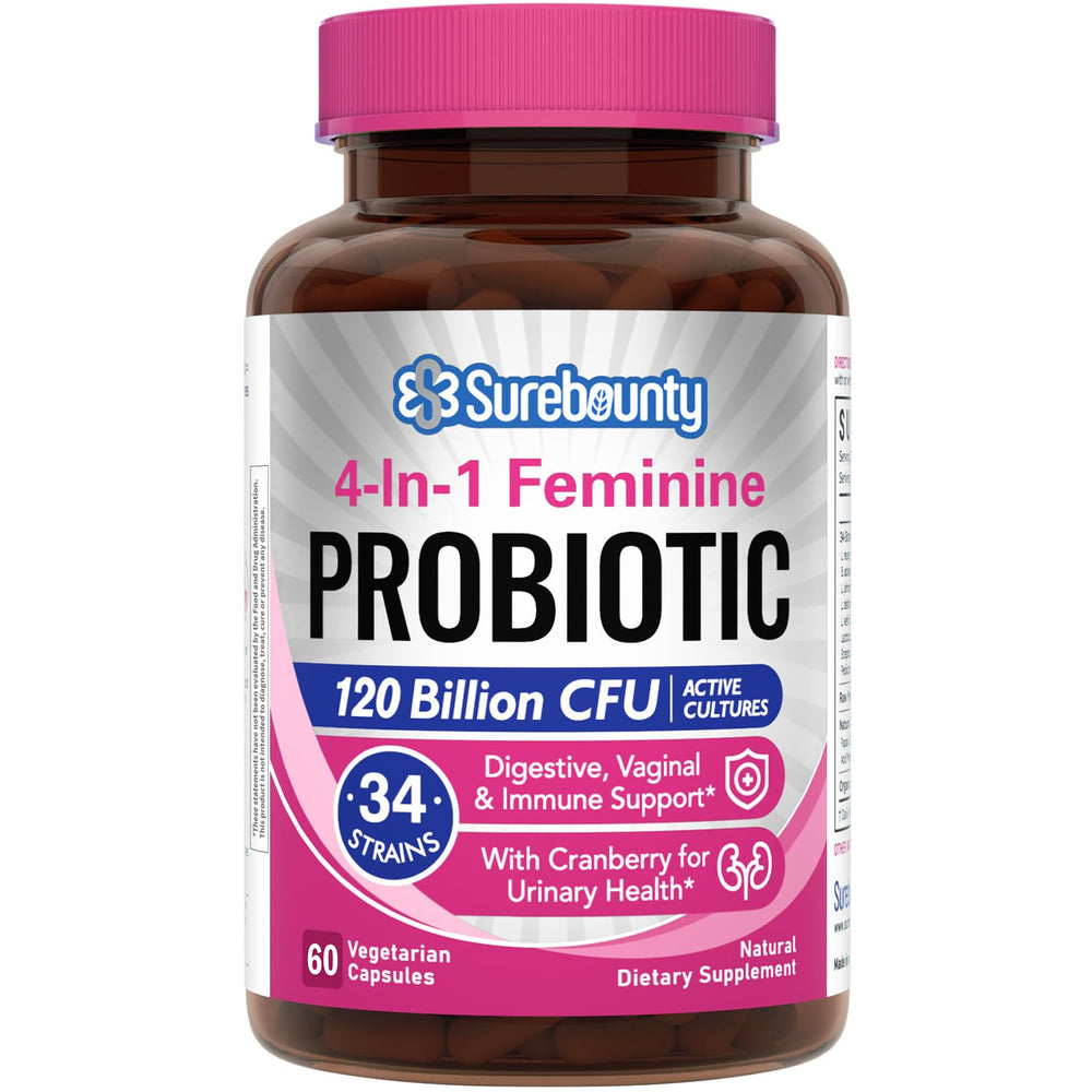 Surebounty Probiotics for Women bottle front shows high-potency formula for daily wellness.